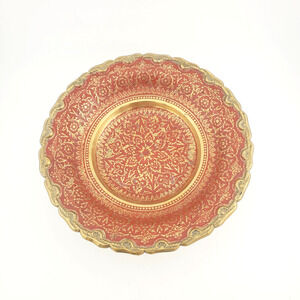 Vintage Brass Pedestal Bowl Etched Red Floral India Scalloped Footed Dish MCM